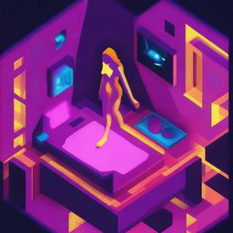 A striking 3D isometric image, in the style of an 8-bit game, features a nude woman composed of neon material