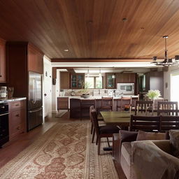 A cozy open-plan interior featuring dark brown couches, a light and dark brown patterned carpet, adjacent dark mahogany dining table, and matching kitchen cabinets.