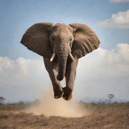 An elephant soaring through the sky, its trunk threateningly rustling below, emitting an aura of danger and power.