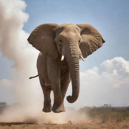 An elephant soaring through the sky, its trunk threateningly rustling below, emitting an aura of danger and power.