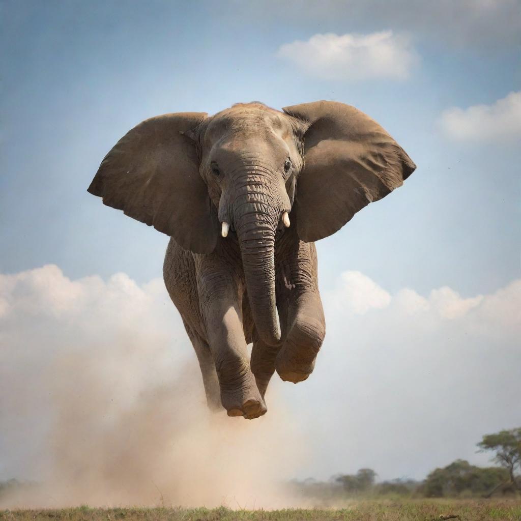 An elephant soaring through the sky, its trunk threateningly rustling below, emitting an aura of danger and power.