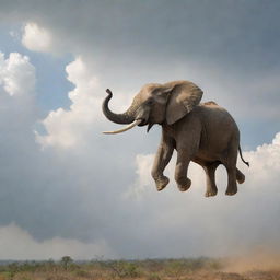 An elephant soaring through the sky, its trunk threateningly rustling below, emitting an aura of danger and power.