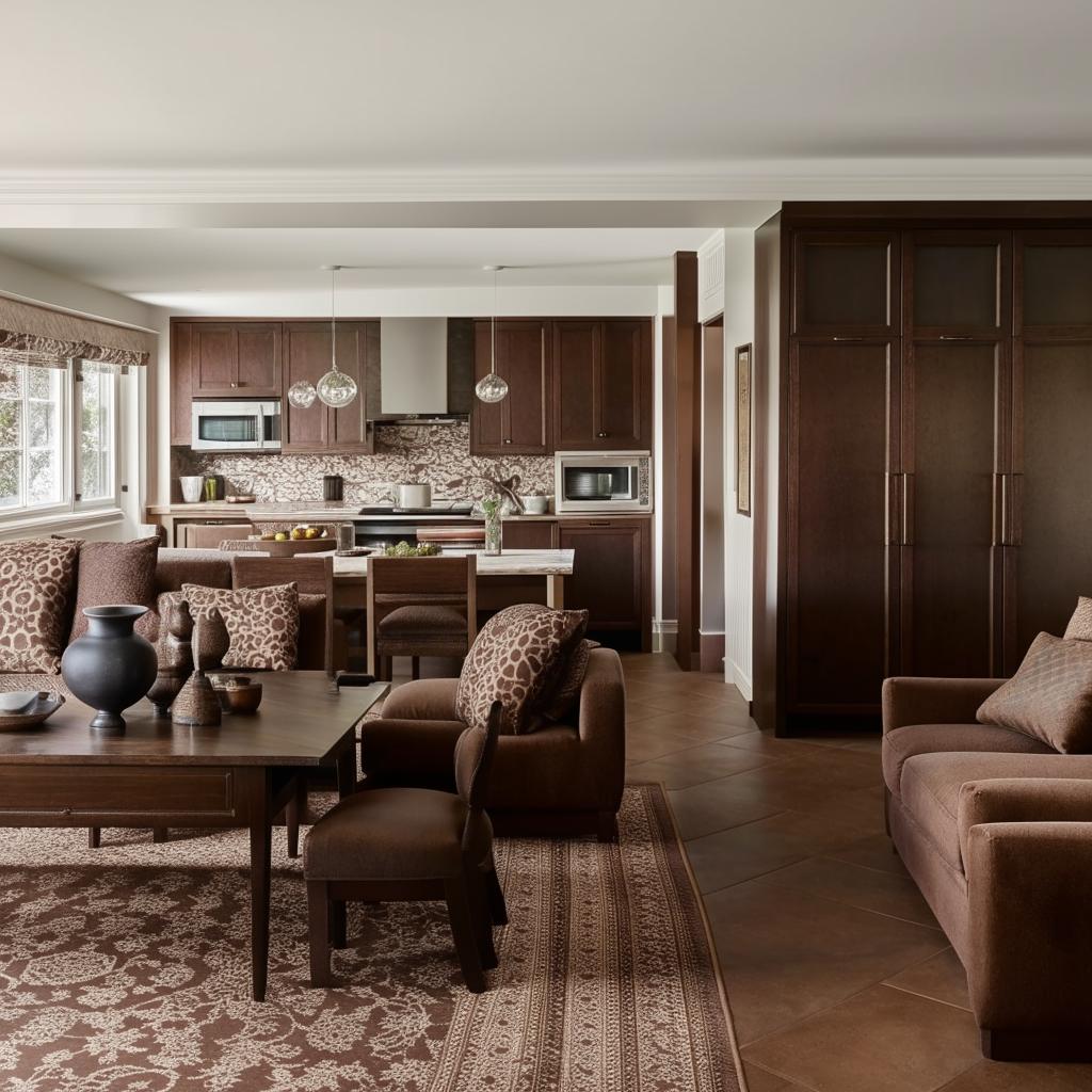 A cozy open-plan interior featuring dark brown couches, a light and dark brown patterned carpet, adjacent dark mahogany dining table, and matching kitchen cabinets.