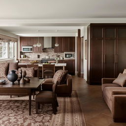 A cozy open-plan interior featuring dark brown couches, a light and dark brown patterned carpet, adjacent dark mahogany dining table, and matching kitchen cabinets.