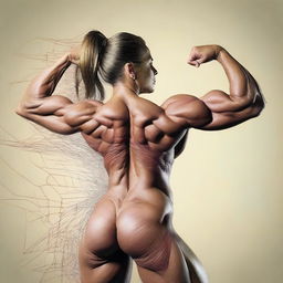 A high-quality digital art image of a female bodybuilder flexing her biceps