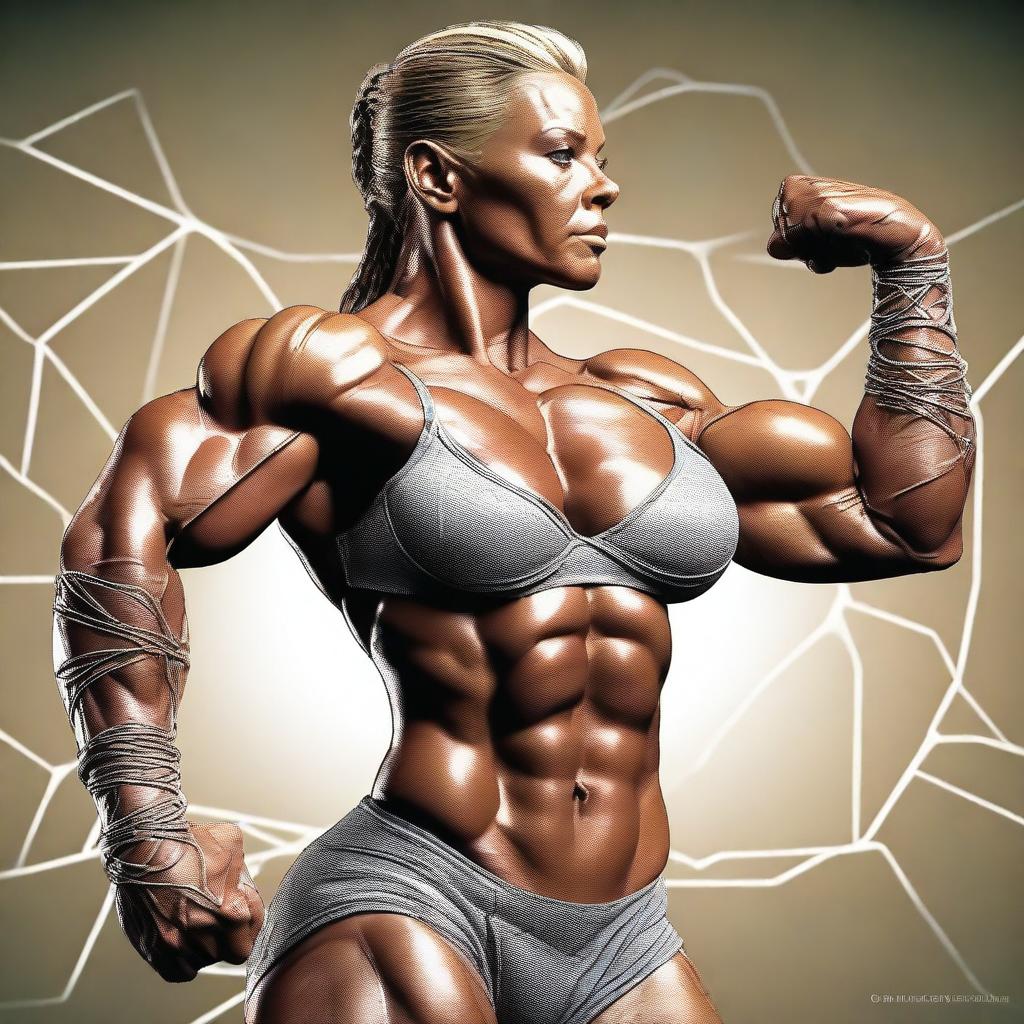 A top-quality digital art image featuring a female bodybuilder