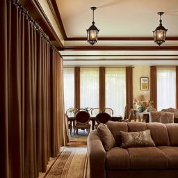 Design elegant curtains complementing an interior with dark brown couches, light and dark brown carpet, mahogany dining set and cabinets in an open-plan layout.