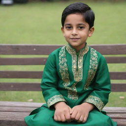 A young boy donned in traditional panjabi attire, seated comfortably on a wooden park bench