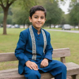 A young boy donned in traditional panjabi attire, seated comfortably on a wooden park bench