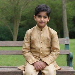 A young boy donned in traditional panjabi attire, seated comfortably on a wooden park bench