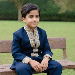 A young boy donned in traditional panjabi attire, seated comfortably on a wooden park bench