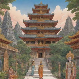 A manga-styled depiction of an ancient Hindu kingdom with ornate temples, exotic flora, and intricately dressed citizens.