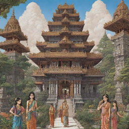 A manga-styled depiction of an ancient Hindu kingdom with ornate temples, exotic flora, and intricately dressed citizens.