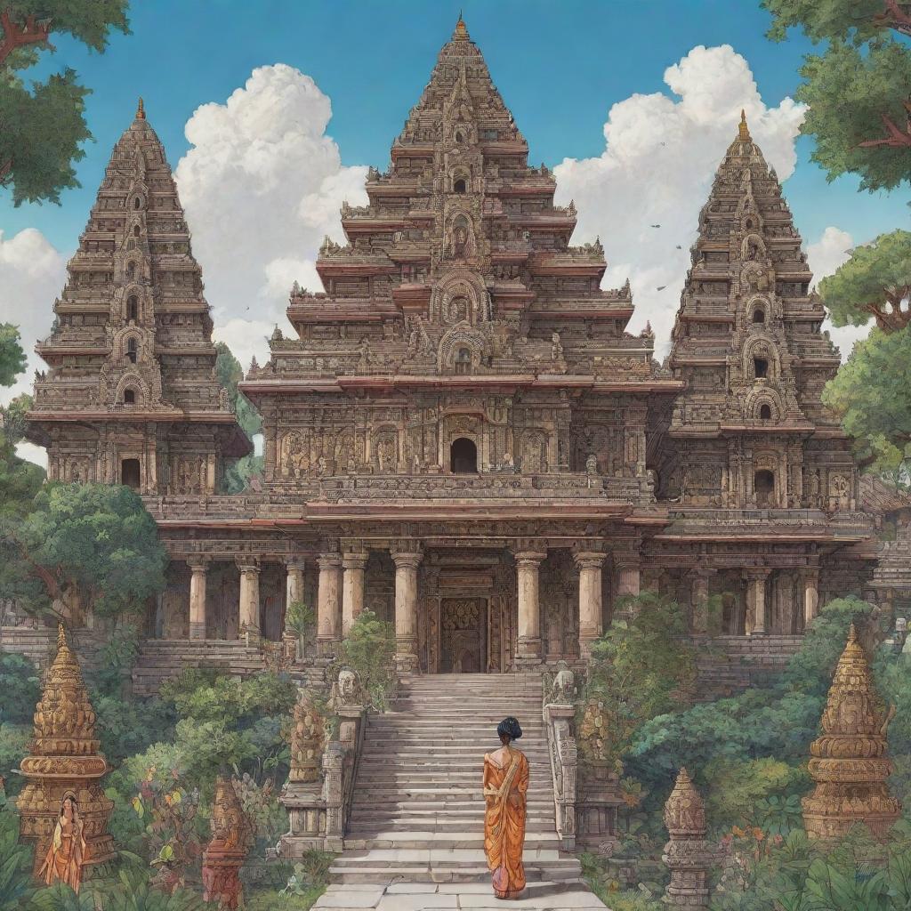 A manga-styled depiction of an ancient Hindu kingdom with ornate temples, exotic flora, and intricately dressed citizens.