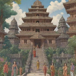 A manga-styled depiction of an ancient Hindu kingdom with ornate temples, exotic flora, and intricately dressed citizens.