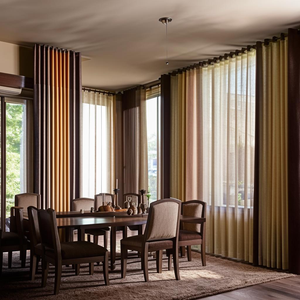 Design elegant curtains complementing an interior with dark brown couches, light and dark brown carpet, mahogany dining set and cabinets in an open-plan layout.