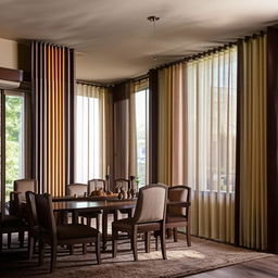 Design elegant curtains complementing an interior with dark brown couches, light and dark brown carpet, mahogany dining set and cabinets in an open-plan layout.