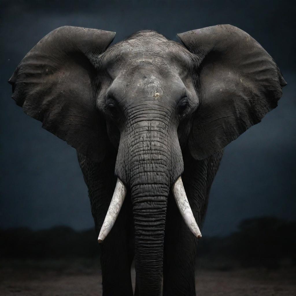 A menacing elephant, its eyes glinting ominously under the foreboding darkness of the night sky.