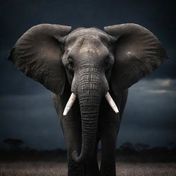 A menacing elephant, its eyes glinting ominously under the foreboding darkness of the night sky.