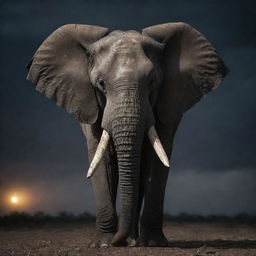 A menacing elephant, its eyes glinting ominously under the foreboding darkness of the night sky.