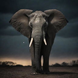 A menacing elephant, its eyes glinting ominously under the foreboding darkness of the night sky.