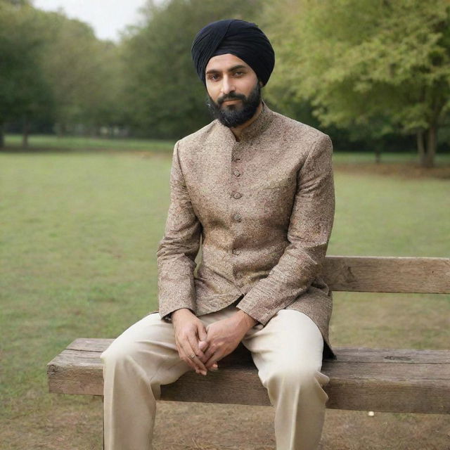 The previous image transformed to display a grown man sitting on the wooden park bench, similarly dressed in a traditional panjabi outfit