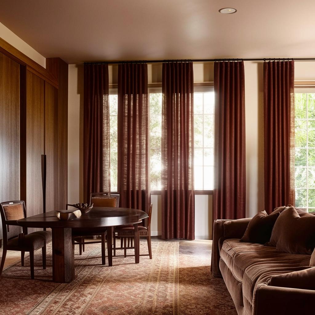 Design elegant curtains complementing an interior with dark brown couches, light and dark brown carpet, mahogany dining set and cabinets in an open-plan layout.