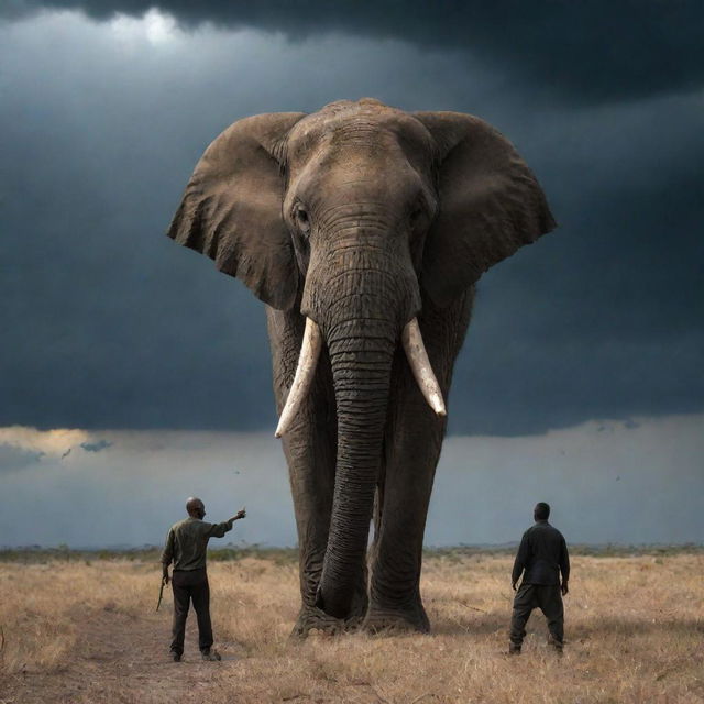 A dark, ominous sky sets the backdrop for a scene where a man courageously battles a menacing elephant, their intense confrontation electrifying the settings.