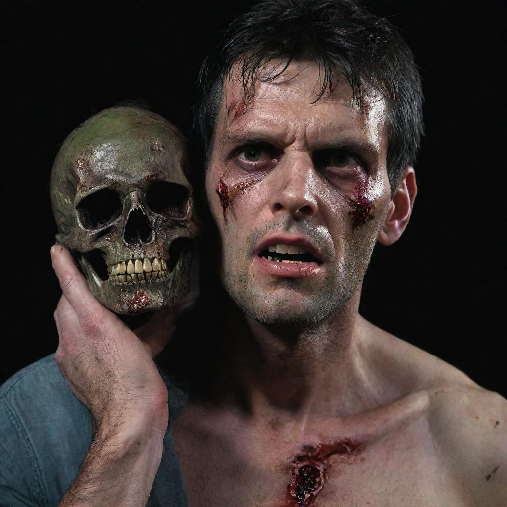 A dark-haired man, with a determined expression, firmly holding the gruesome detached head of a zombie.