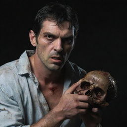 A dark-haired man, with a determined expression, firmly holding the gruesome detached head of a zombie.