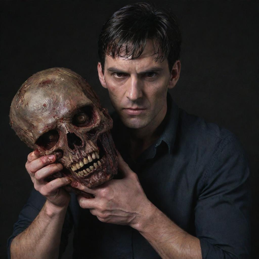 A dark-haired man, with a determined expression, firmly holding the gruesome detached head of a zombie.