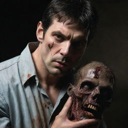 A dark-haired man, with a determined expression, firmly holding the gruesome detached head of a zombie.