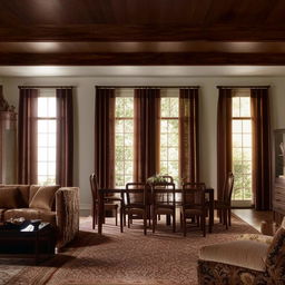 Design elegant curtains complementing an interior with dark brown couches, light and dark brown carpet, mahogany dining set and cabinets in an open-plan layout.