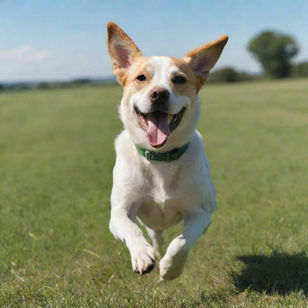 Animation of a lively dog energetically running with its tongue out in a green field under a sunny sky