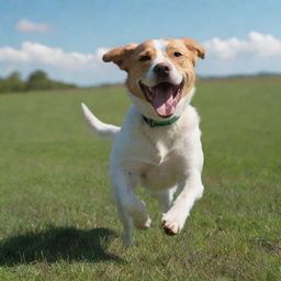 Animation of a lively dog energetically running with its tongue out in a green field under a sunny sky