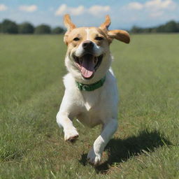 Animation of a lively dog energetically running with its tongue out in a green field under a sunny sky