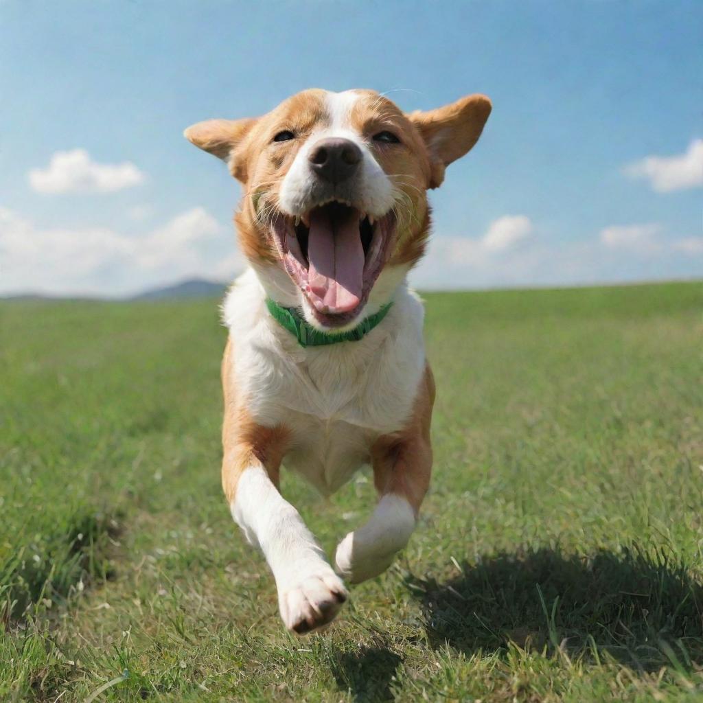 Animation of a lively dog energetically running with its tongue out in a green field under a sunny sky