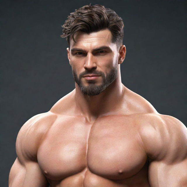 Generate an image of a stylish male character with a muscular build, charming personality, and strong yet gentle gaze.