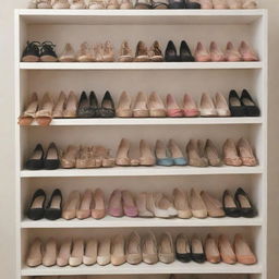 An organized shoes shelf filled with a variety of styled shoes in different colors and sizes, set against a neutral background.