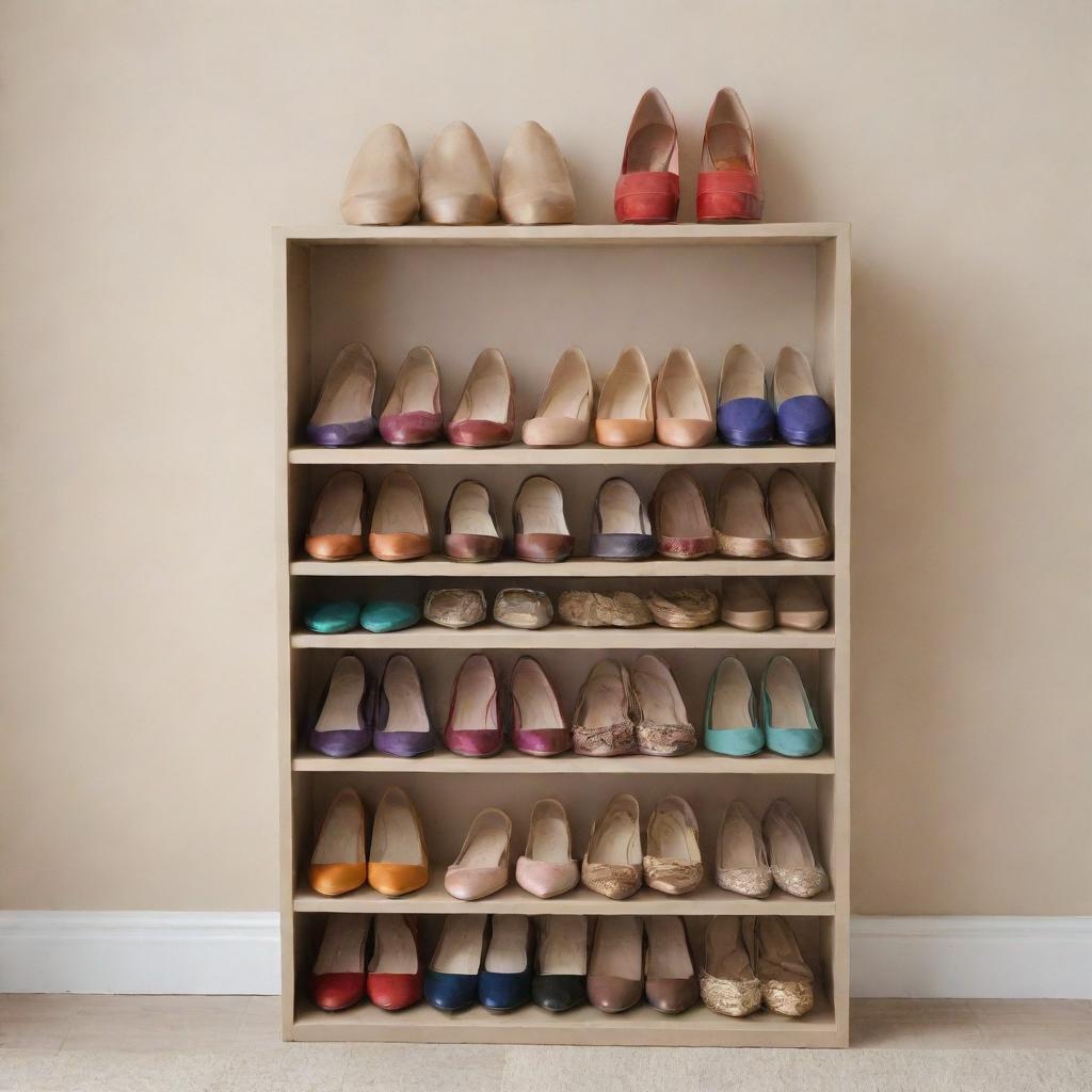 An organized shoes shelf filled with a variety of styled shoes in different colors and sizes, set against a neutral background.