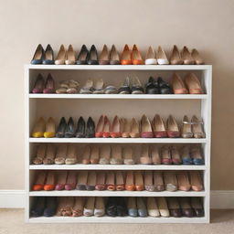 An organized shoes shelf filled with a variety of styled shoes in different colors and sizes, set against a neutral background.