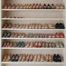 An organized shoes shelf filled with a variety of styled shoes in different colors and sizes, set against a neutral background.