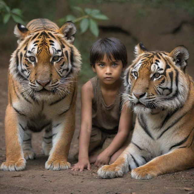 A daring boy and girl locked in a brave struggle against an army of thousands of tigers, their faces determined amidst the perilous situation.