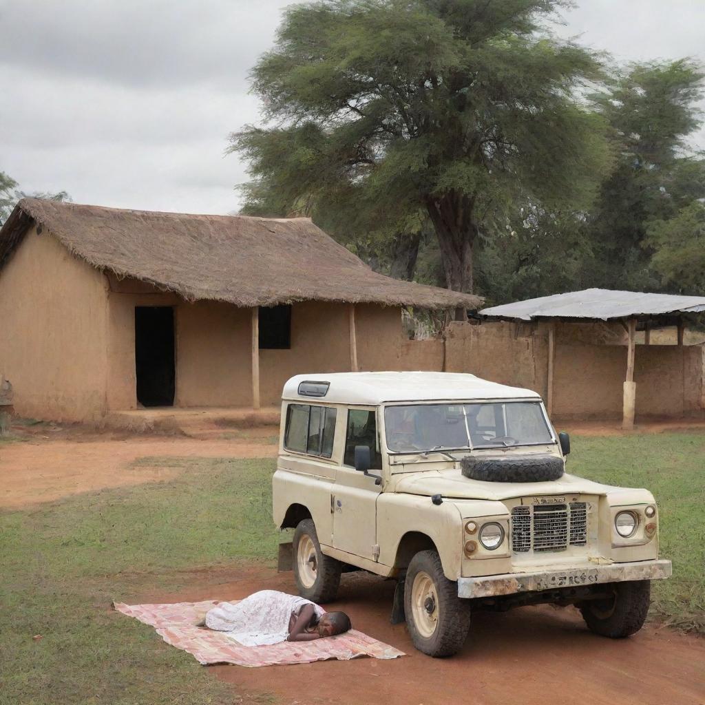 A modest Kenyan homestead in a village setting, featuring a vintage first-generation Land Rover parked nearby. A woman is seen lying on a mat idly, capturing the simplicity of rural life.