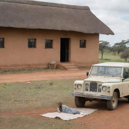 A modest Kenyan homestead in a village setting, featuring a vintage first-generation Land Rover parked nearby. A woman is seen lying on a mat idly, capturing the simplicity of rural life.