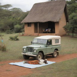 A modest Kenyan homestead in a village setting, featuring a vintage first-generation Land Rover parked nearby. A woman is seen lying on a mat idly, capturing the simplicity of rural life.