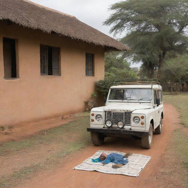 A modest Kenyan homestead in a village setting, featuring a vintage first-generation Land Rover parked nearby. A woman is seen lying on a mat idly, capturing the simplicity of rural life.