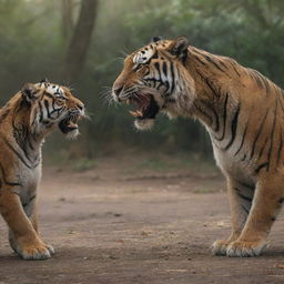 In a realistic setting, a brave boy and girl engage in an intense battle with thousands of lifelike tigers, their faces mirroring their unwavering determination.