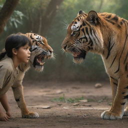 In a realistic setting, a brave boy and girl engage in an intense battle with thousands of lifelike tigers, their faces mirroring their unwavering determination.