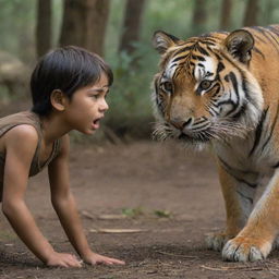 In a realistic setting, a brave boy and girl engage in an intense battle with thousands of lifelike tigers, their faces mirroring their unwavering determination.